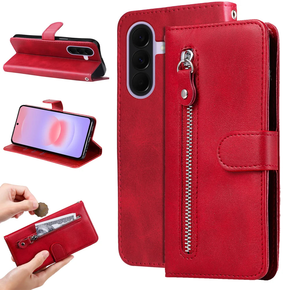 For Samsung Galaxy A27 5G PU Leather Cases with Zipper Pocket Wallet Phone Cover Stand - Red - 2