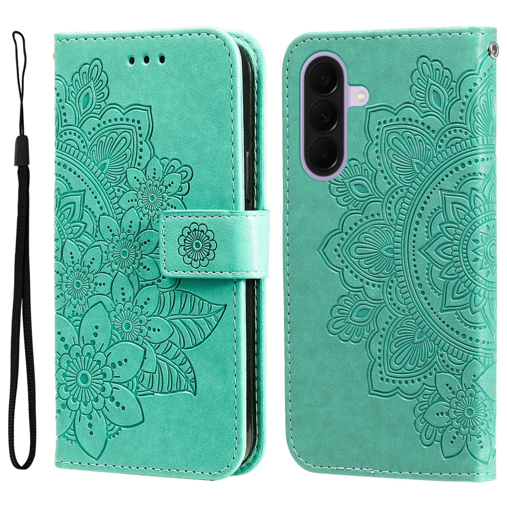 For Samsung Galaxy A27 5G Case Floral Pattern PU Leather Wallet Stand Phone Cover - Green - 1