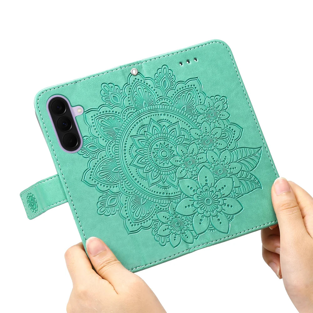 For Samsung Galaxy A27 5G Case Floral Pattern PU Leather Wallet Stand Phone Cover - Green - 2