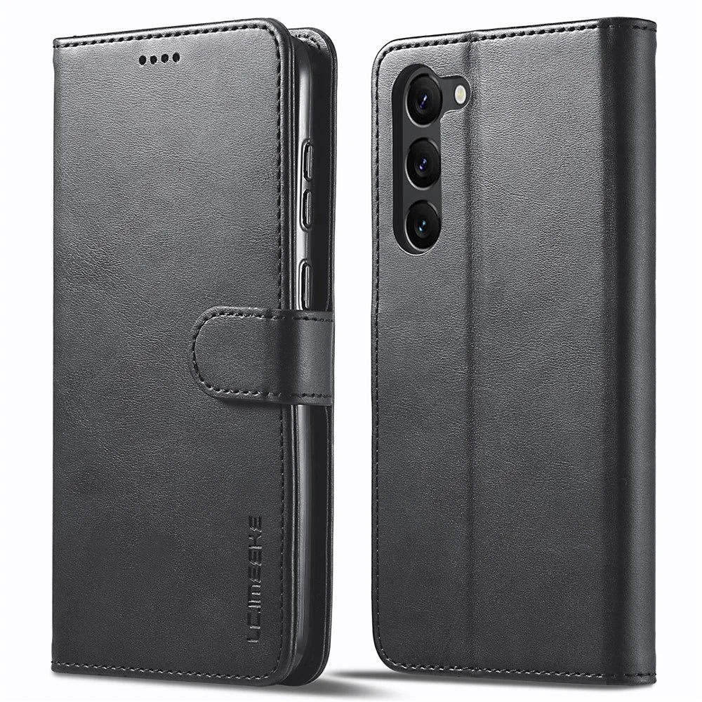 LC.IMEEKE Shockproof Phone Case For Samsung Galaxy S23+, Calf Texture Magnetic Clasp PU Leather Wallet Stand Protective Cell Phone Cover - Black - 1