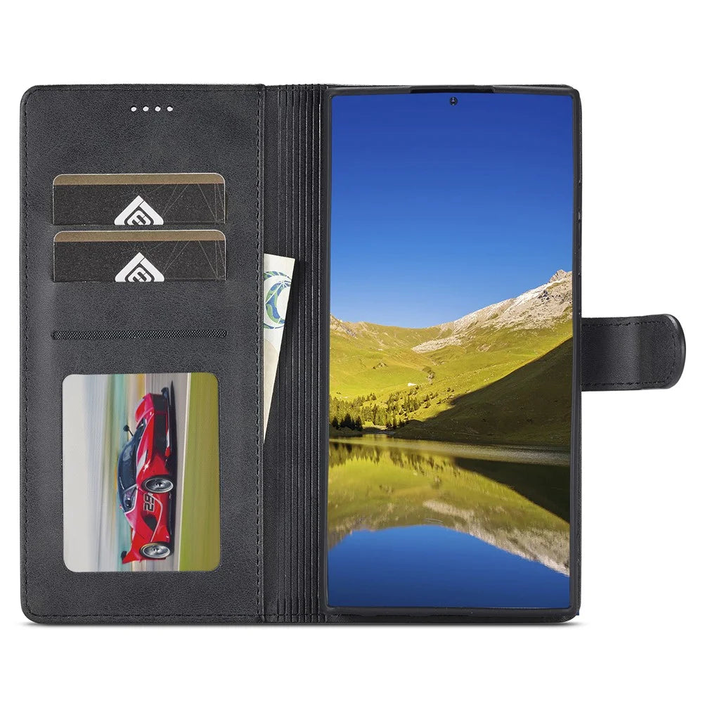 LC.IMEEKE For Samsung Galaxy S23 Ultra Calf Texture Scratch-resistant Phone Case Magnetic Clasp PU Leather Stand Cell Phone Flip Wallet Cover - Black - 2