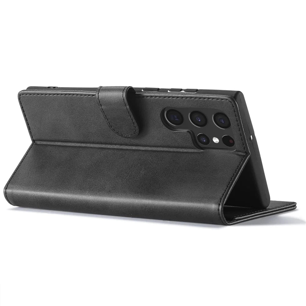 LC.IMEEKE For Samsung Galaxy S23 Ultra Calf Texture Scratch-resistant Phone Case Magnetic Clasp PU Leather Stand Cell Phone Flip Wallet Cover - Black - 4