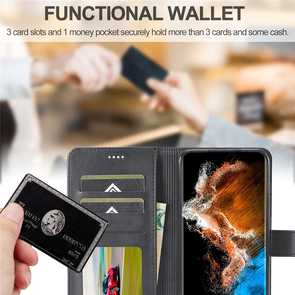 LC.IMEEKE For Samsung Galaxy S23 Anti-scratch Calf Texture Magnetic Clasp Phone Cover Wallet Stand PU Leather Protective Phone Case - Black - 6
