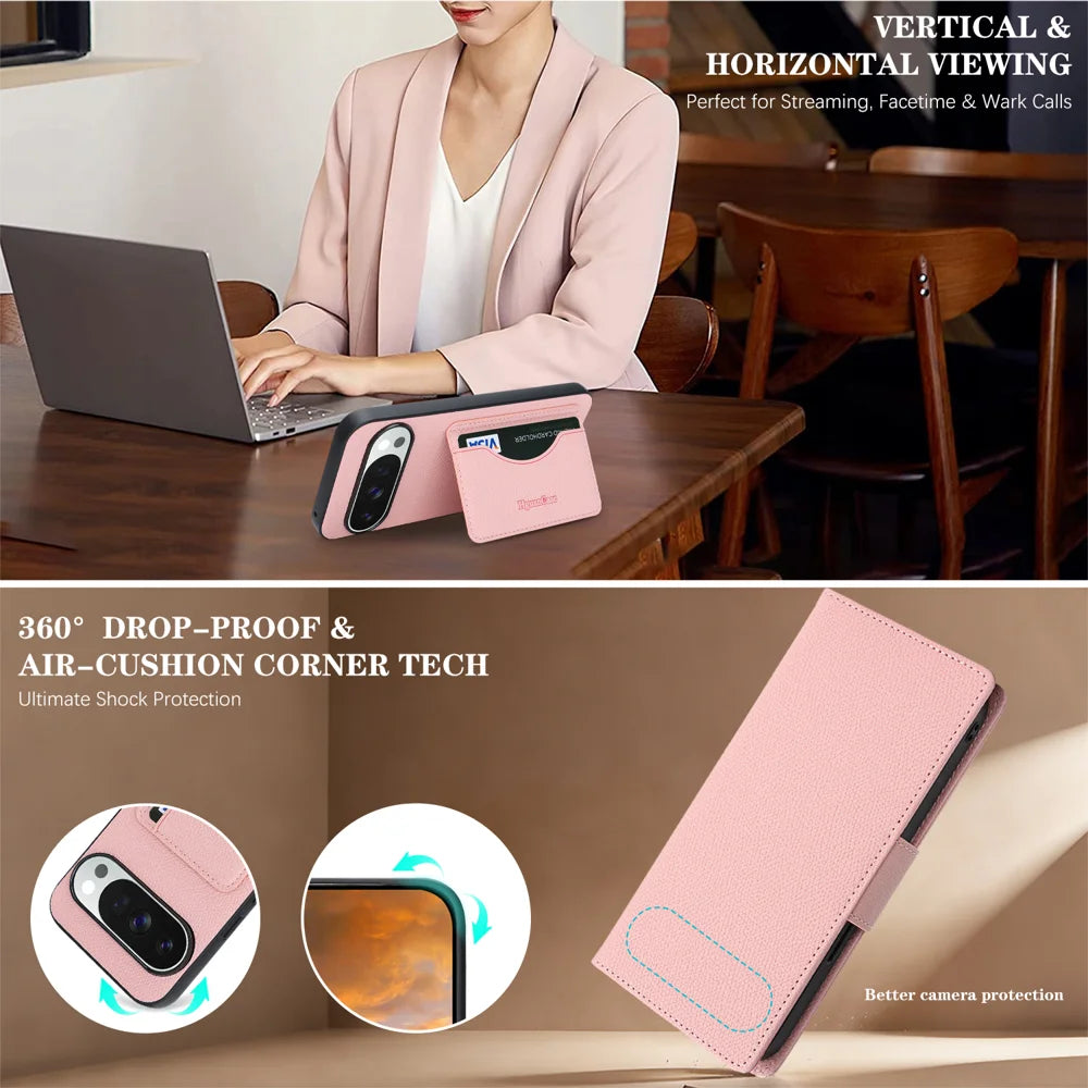 For Google Pixel 10 Pro XL HGUANCASE Case Wallet Stand Detachable Vintage Leather Phone Cover with Wrist Strap - Pink - 6