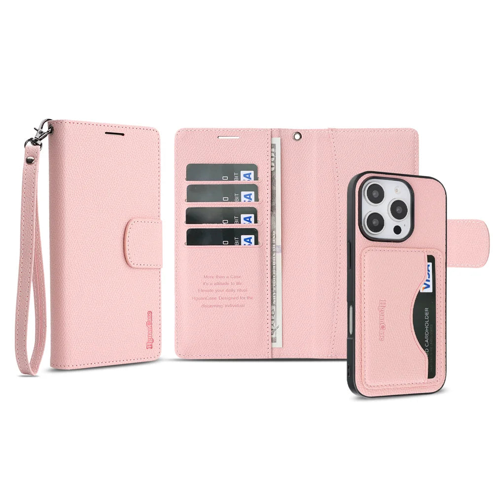For iPhone 15 Pro HGUANCASE Case Wallet Stand Detachable Vintage Leather Phone Cover with Wrist Strap - Pink - 2