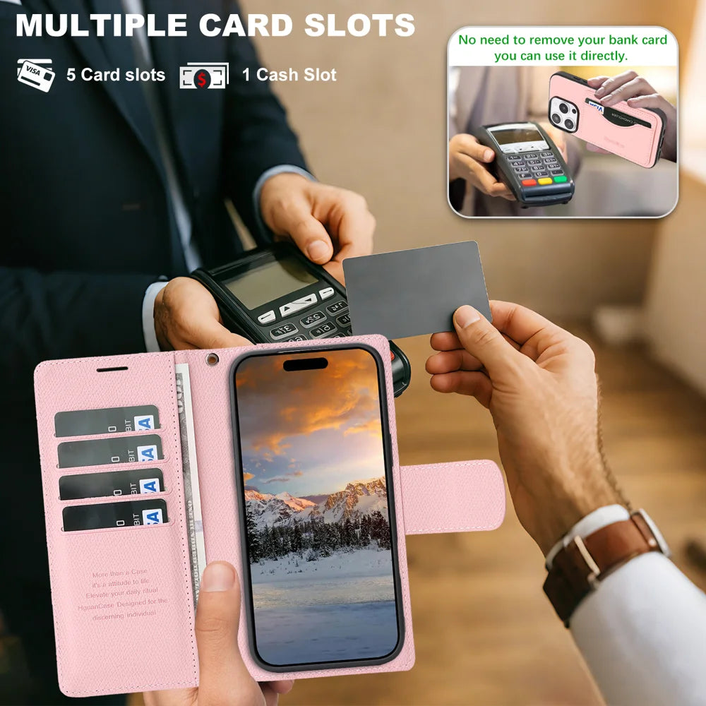 For iPhone 15 Pro HGUANCASE Case Wallet Stand Detachable Vintage Leather Phone Cover with Wrist Strap - Pink - 5
