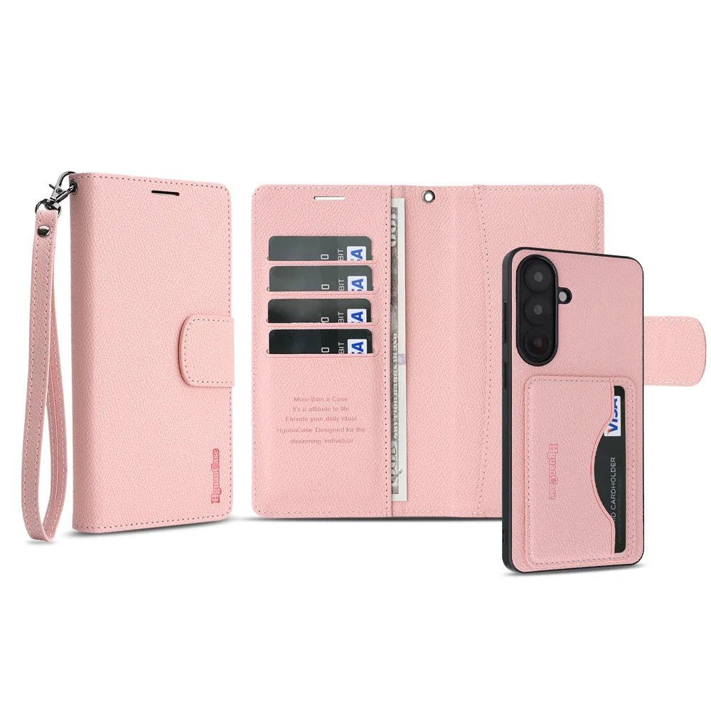 For Samsung Galaxy S26+ HGUANCASE Case Wallet Stand Detachable Vintage Leather Phone Cover with Wrist Strap - Pink - 2