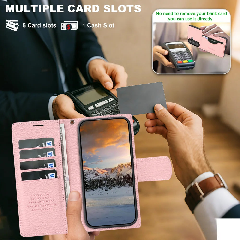 For Samsung Galaxy S26+ HGUANCASE Case Wallet Stand Detachable Vintage Leather Phone Cover with Wrist Strap - Pink - 5