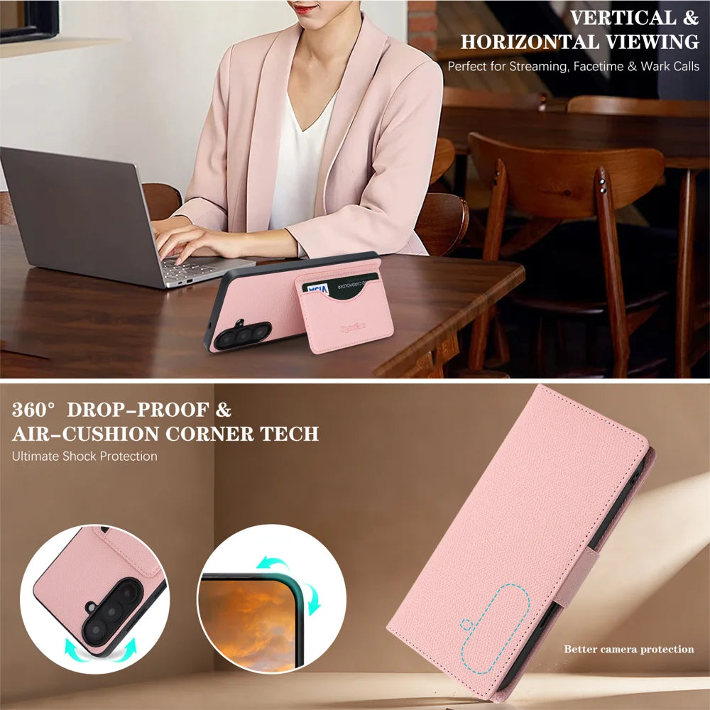 For Samsung Galaxy S26+ HGUANCASE Case Wallet Stand Detachable Vintage Leather Phone Cover with Wrist Strap - Pink - 6