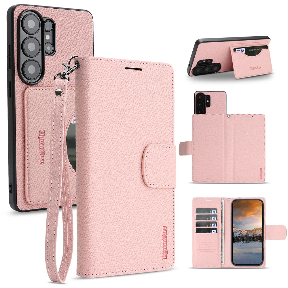 For Samsung Galaxy S24 Ultra HGUANCASE Case Wallet Stand Detachable Vintage Leather Phone Cover with Wrist Strap - Pink - 1