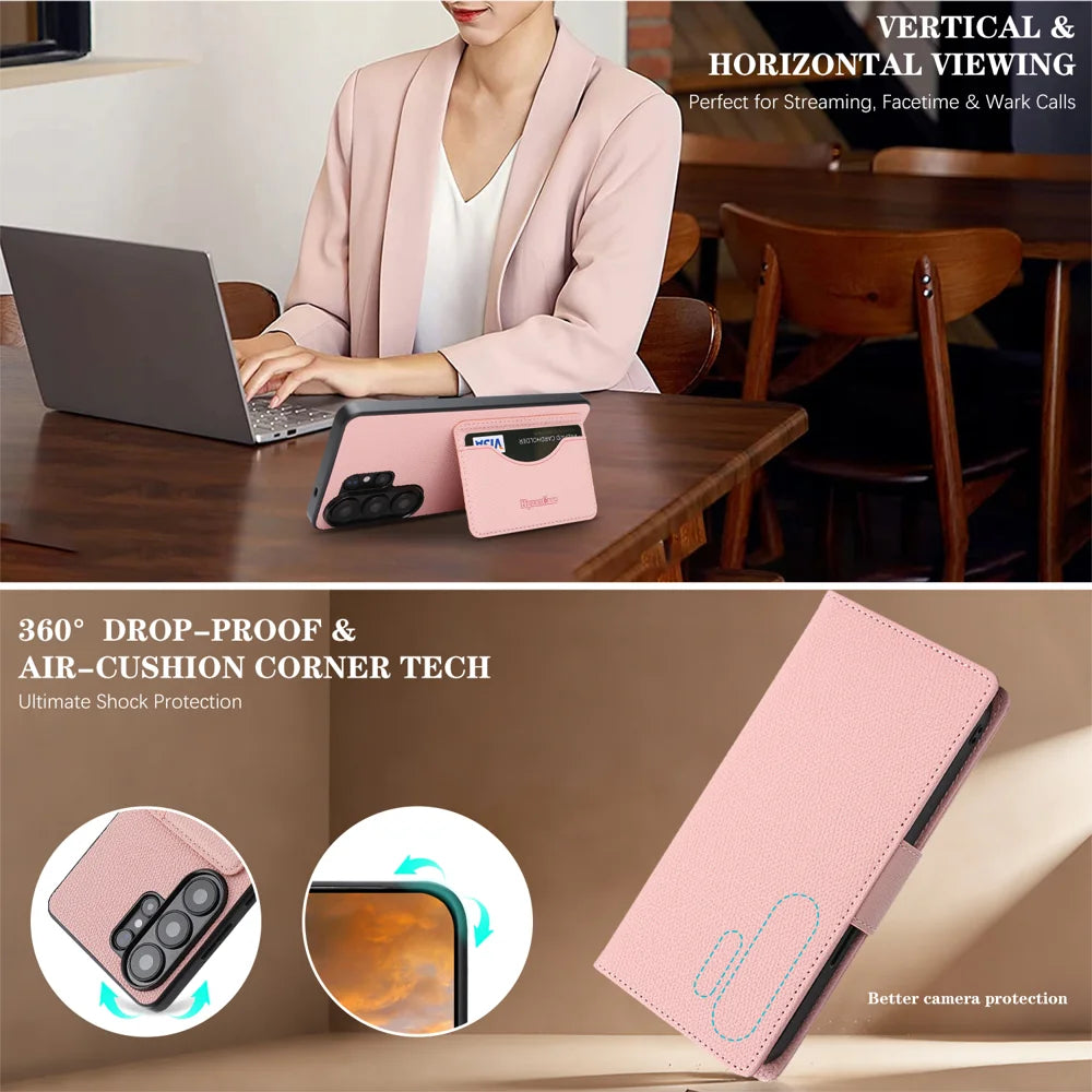 For Samsung Galaxy S24 Ultra HGUANCASE Case Wallet Stand Detachable Vintage Leather Phone Cover with Wrist Strap - Pink - 6