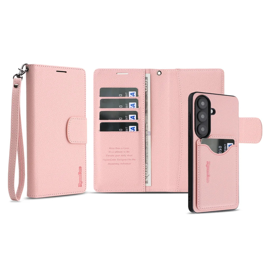 For Samsung Galaxy S24 HGUANCASE Case Wallet Stand Detachable Vintage Leather Phone Cover with Wrist Strap - Pink - 2