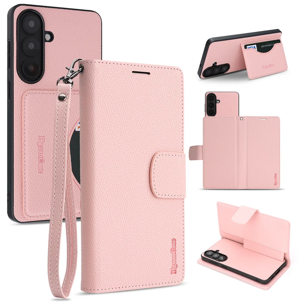 For Samsung Galaxy A35 5G HGUANCASE Case Wallet Stand Detachable Vintage Leather Phone Cover with Wrist Strap - Pink - 1