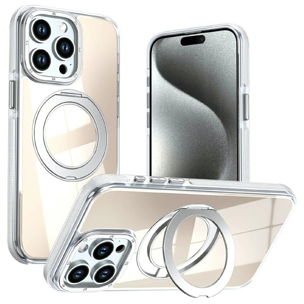 For iPhone 13 Pro Magnetic Case Fluorescent Design TPU Acrylic Phone Back Cover with 360° Rotating Kickstand - White - 1
