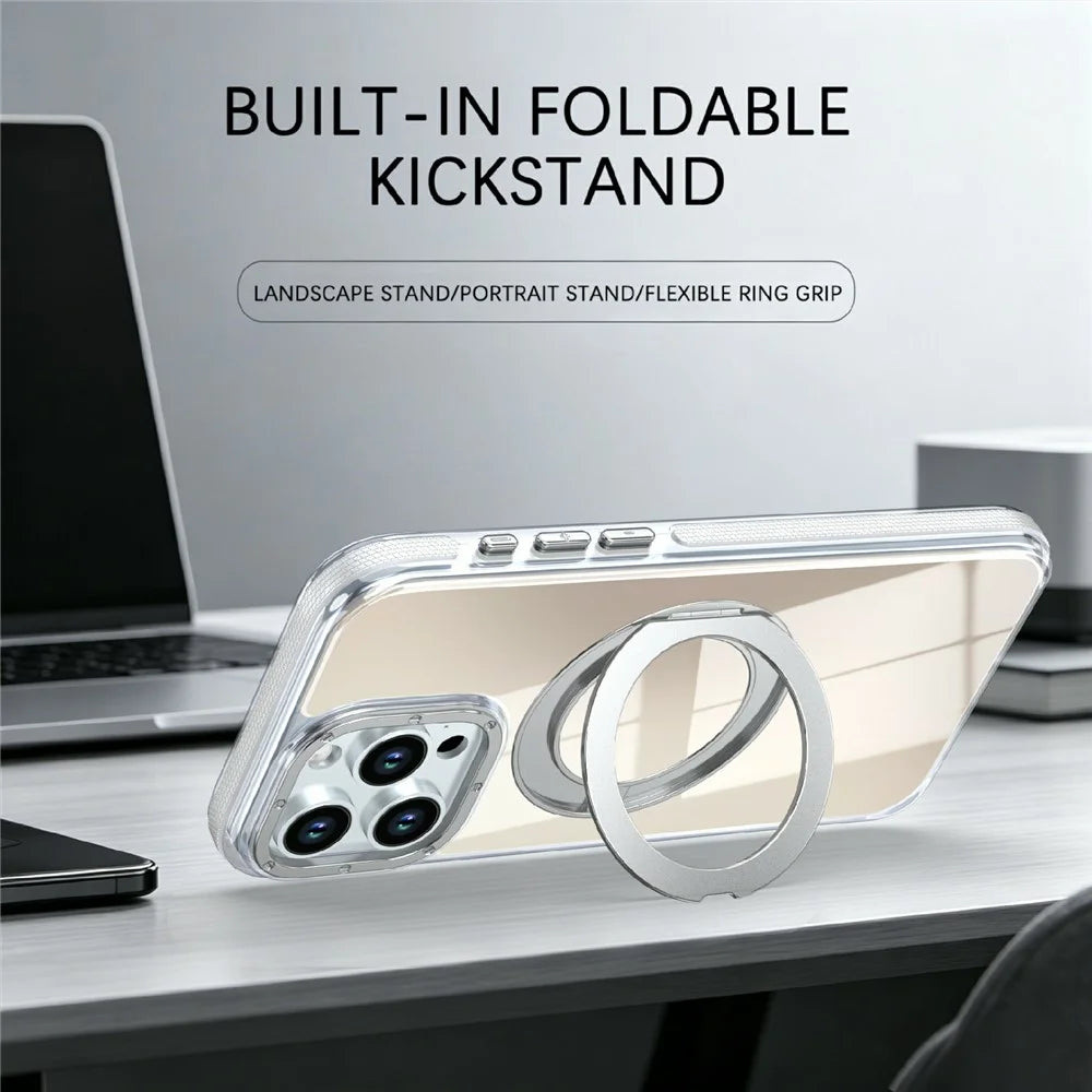For iPhone 14 Pro Magnetic Case Fluorescent Design TPU Acrylic Phone Back Cover with 360° Rotating Kickstand - White - 3