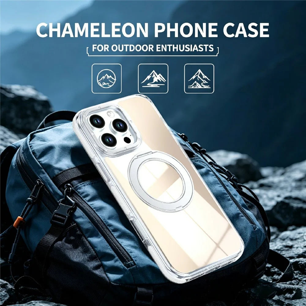 For iPhone 16 Pro Max Magnetic Case Fluorescent Design TPU Acrylic Phone Back Cover with 360° Rotating Kickstand - White - 5