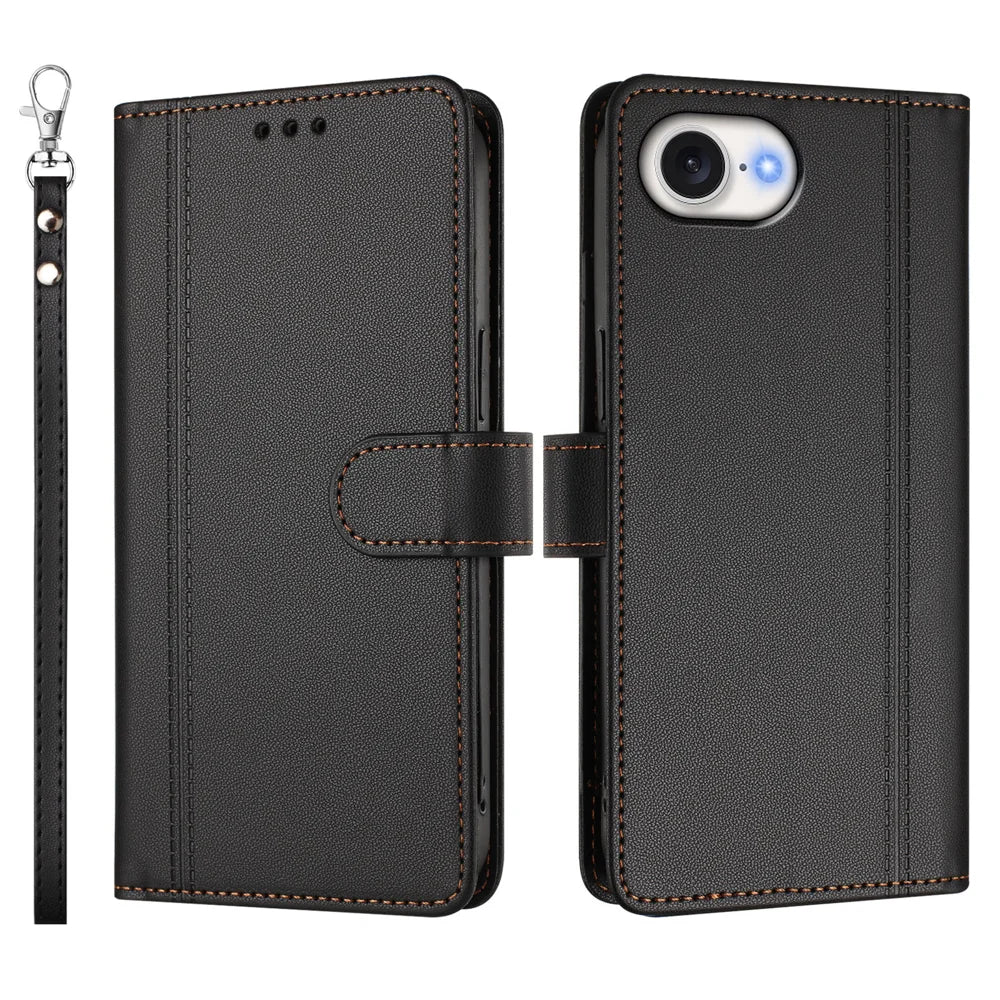 For iPhone 16e / iPhone 17e Case 9 Card Slots PU Leather Flip Wallet Phone Cover with Hand Strap - Black - 2