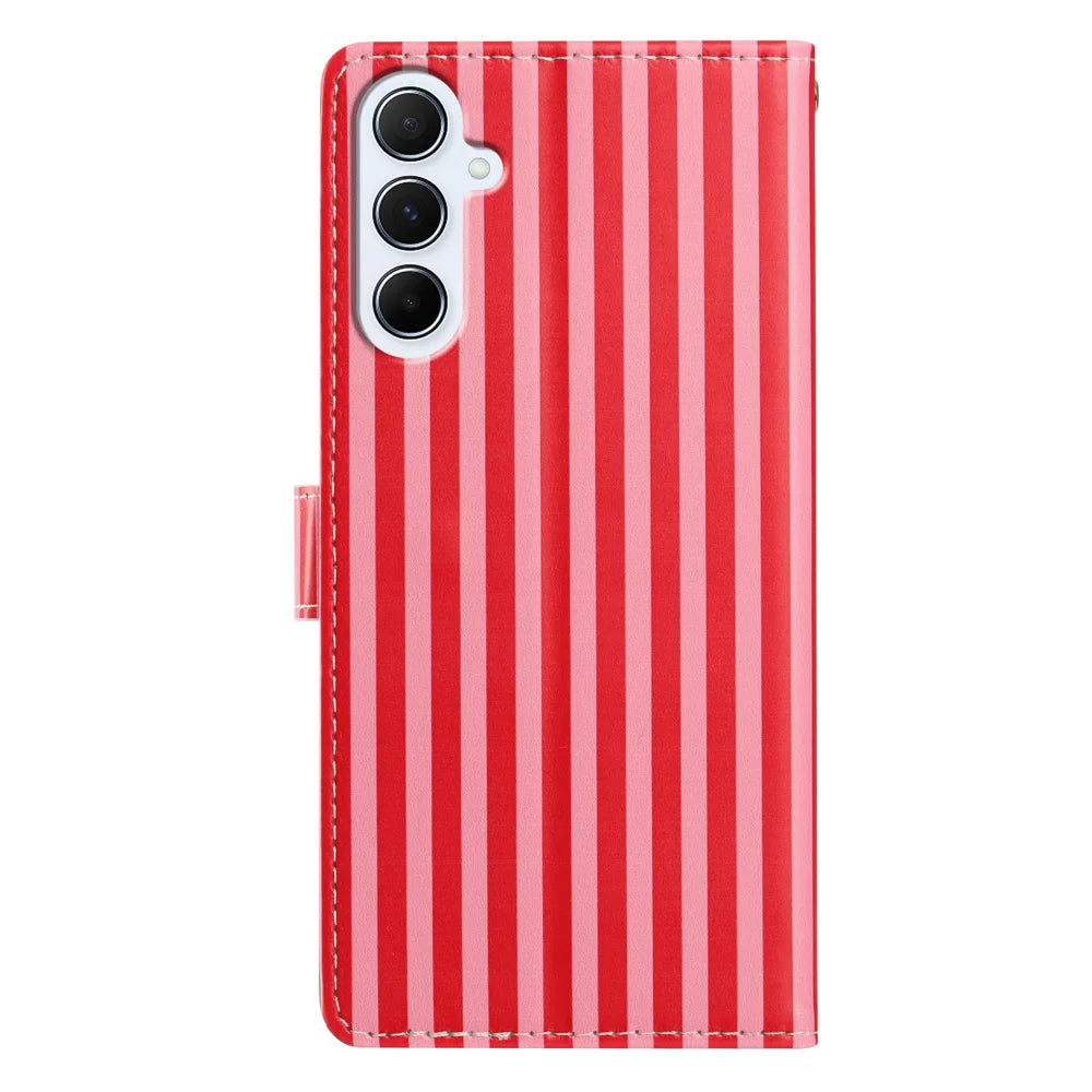 For Samsung Galaxy A56 5G Wallet Case Vintage Stripes Leather Stand Flip Phone Cover with Wrist Strap - Red - 4