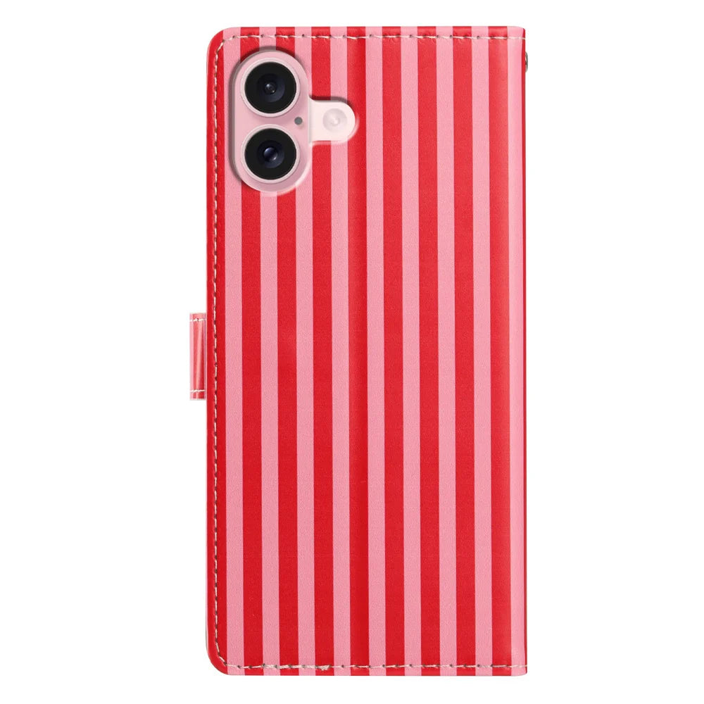 For iPhone 17 Wallet Case Vintage Stripes Leather Stand Flip Phone Cover with Wrist Strap - Red - 4