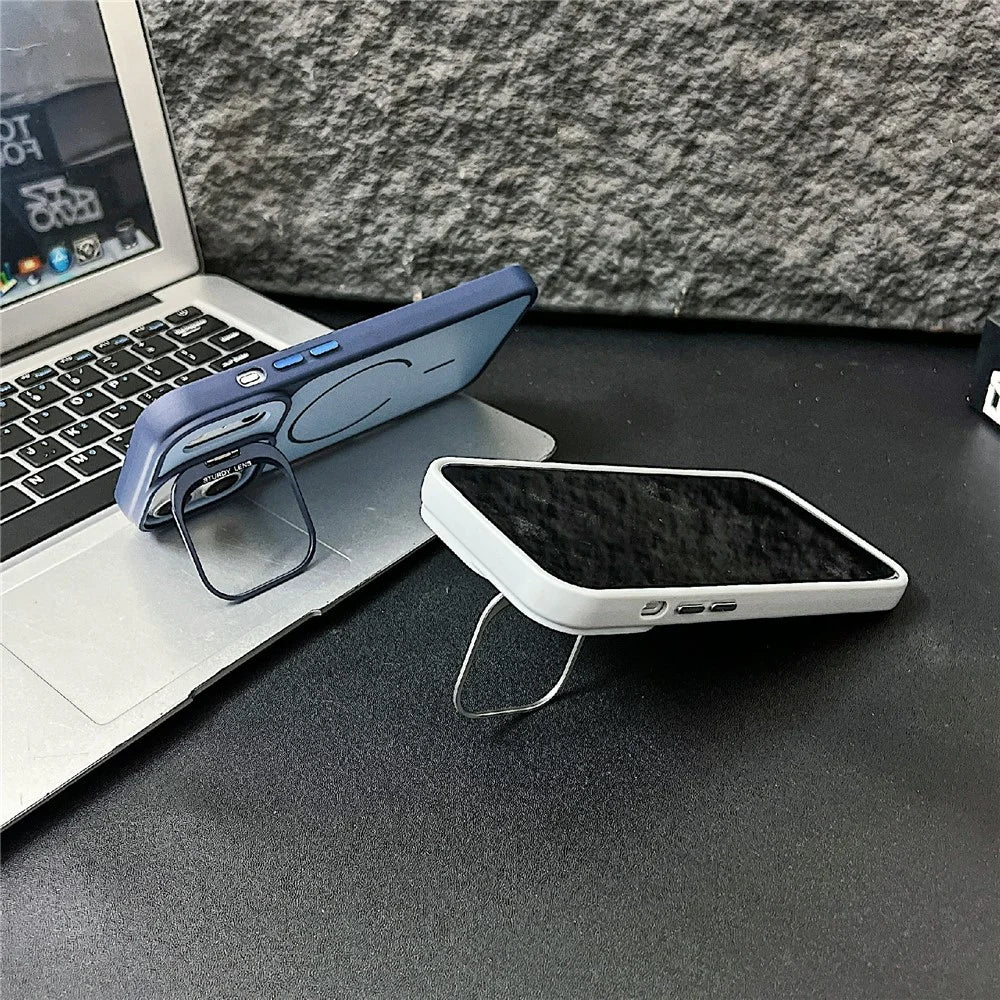 For iPhone 17 Pro Magnetic Case Compatible with MagSafe Skin-touch PC + TPU Cover with Lens Frame Kickstand - Blue - 2