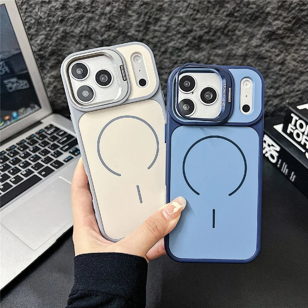 For iPhone 17 Pro Magnetic Case Compatible with MagSafe Skin-touch PC + TPU Cover with Lens Frame Kickstand - Blue - 4