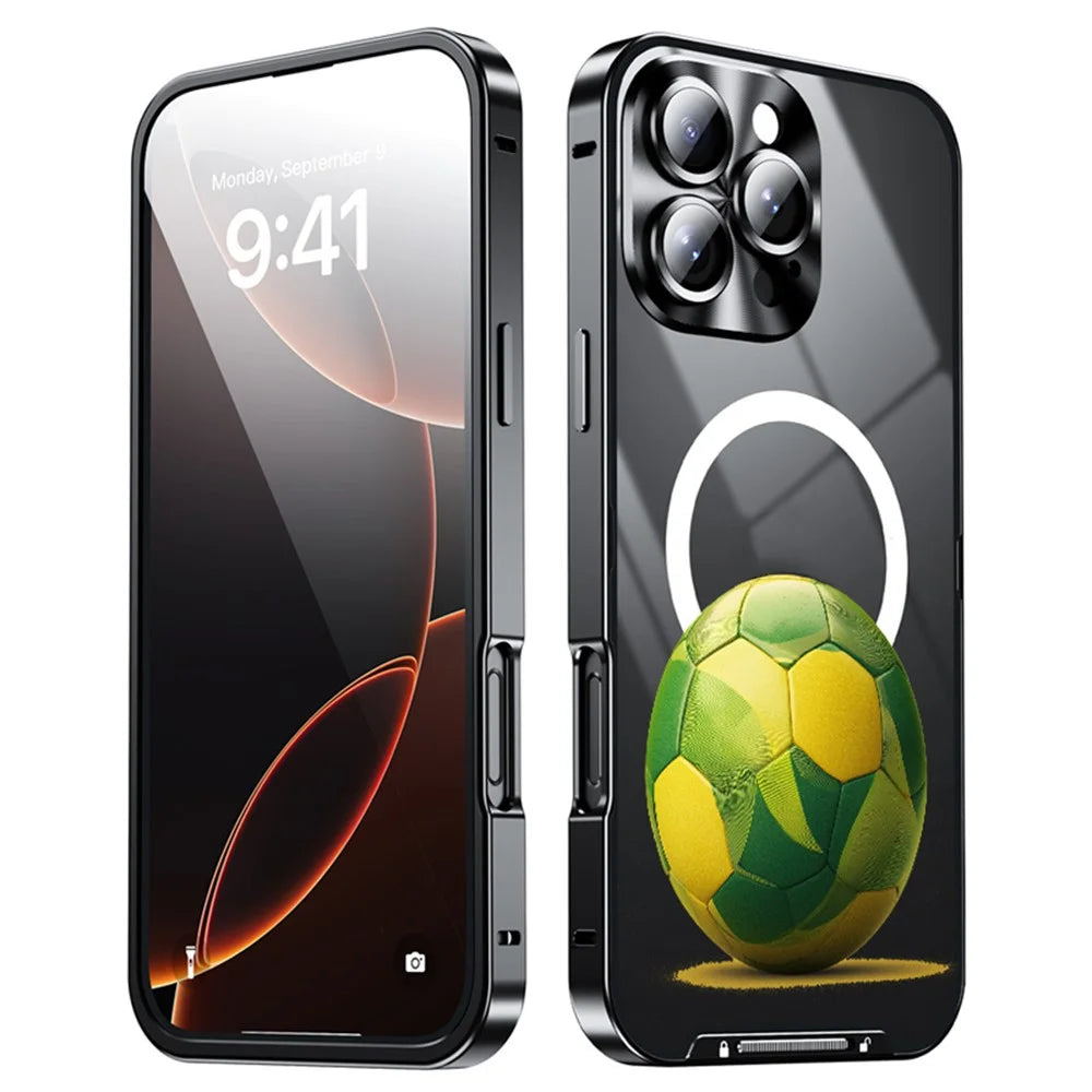For iPhone 16 Pro Max Magnetic Case Football Print Pattern PC+TPU Phone Cover with Lens Film - LK00346-041 - 2