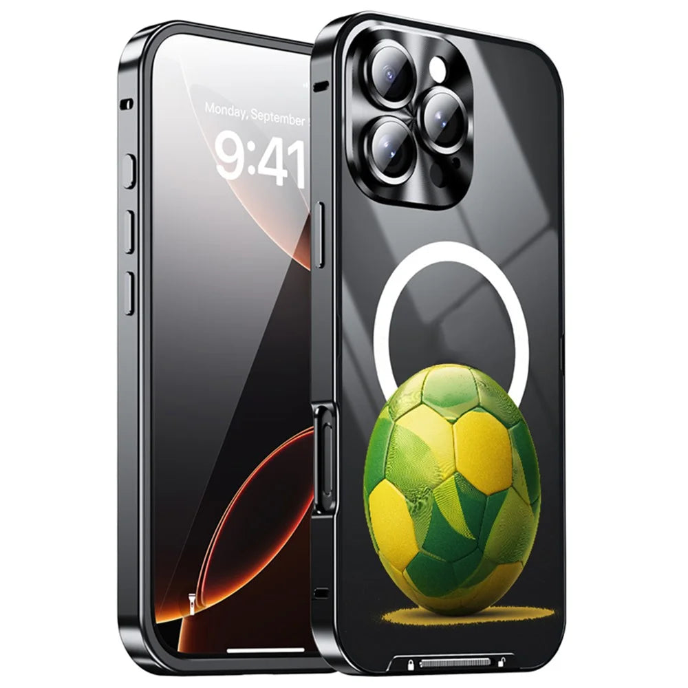 For iPhone 16 Pro Magnetic Case Football Print Pattern PC+TPU Phone Cover with Lens Film - LK00346-041 - 1