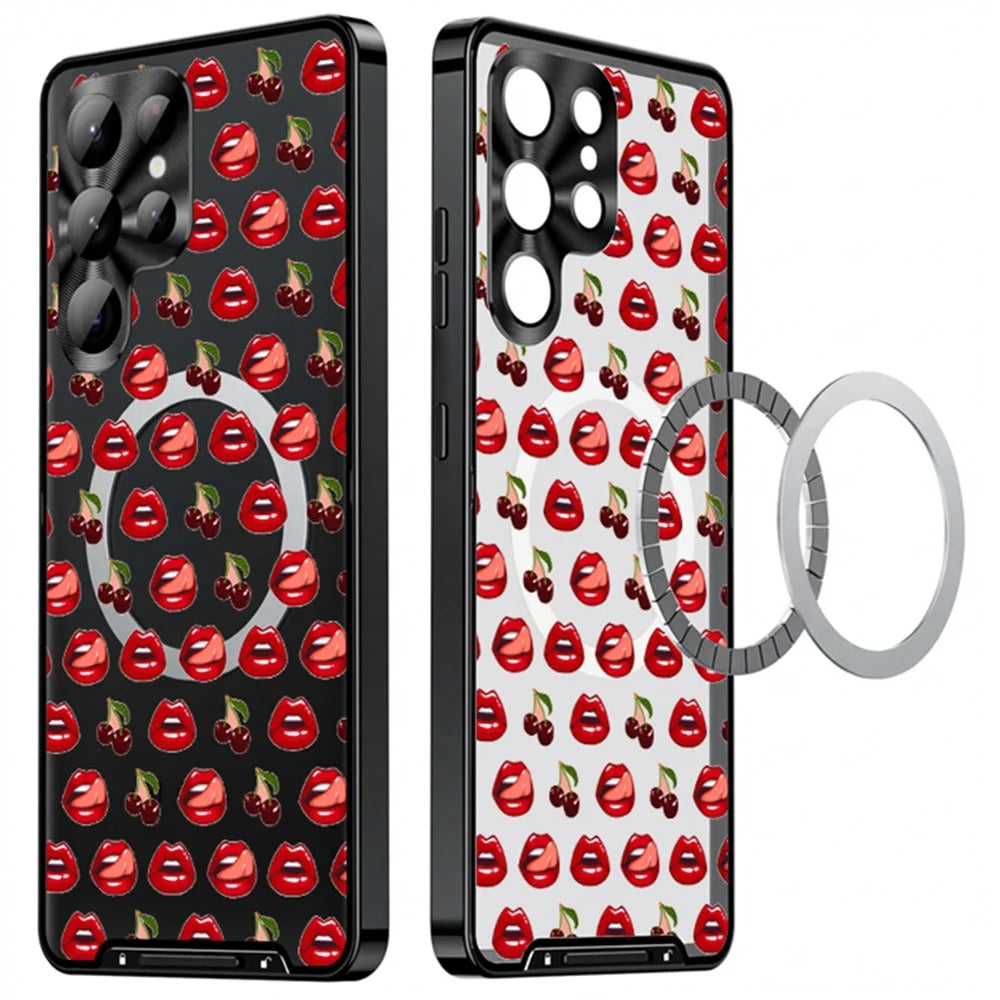 For Samsung Galaxy S25 Ultra Magnetic Case Red Lips Pattern PC TPU Phone Cover with Lens Film - LK00223-02 - 1