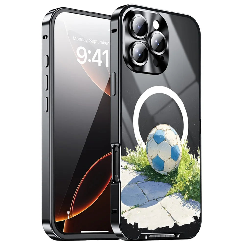 For iPhone 16 Pro Max Magnetic Case Football Pattern PC+TPU Mobile Phone Cover with Lens Film - LK00473-101 - 1