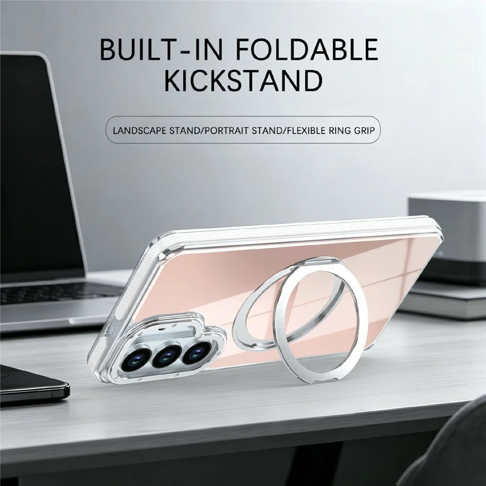 Magnetic Case For Samsung Galaxy S25  /  S24 Fluorescent Design TPU Acrylic Phone Back Cover with 360° Rotating Kickstand - White - 3
