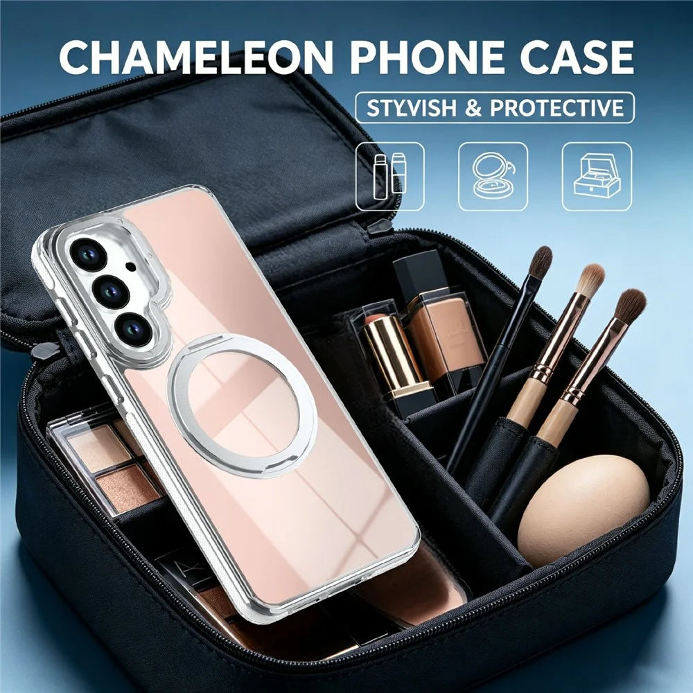 For Samsung Galaxy S26+ Magnetic Case Fluorescent Design TPU Acrylic Phone Back Cover with 360° Rotating Kickstand - White - 6