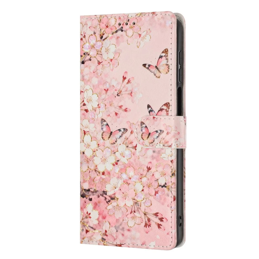 For Samsung Galaxy S24 Ultra Wallet Case Pattern Printing PU Leather Stand Flip Phone Cover with Wrist Strap - Pink Sakura Butterfly - 7