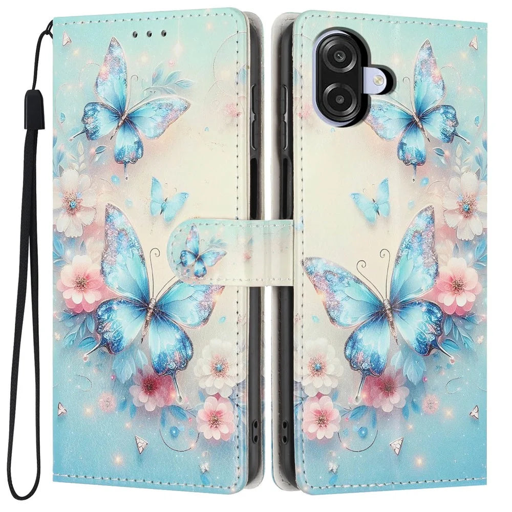 Wallet Case For Samsung Galaxy A06 4G  /  5G Pattern Printing PU Leather Stand Flip Phone Cover with Wrist Strap - Pink Flower  /  Blue Butterfly - 1