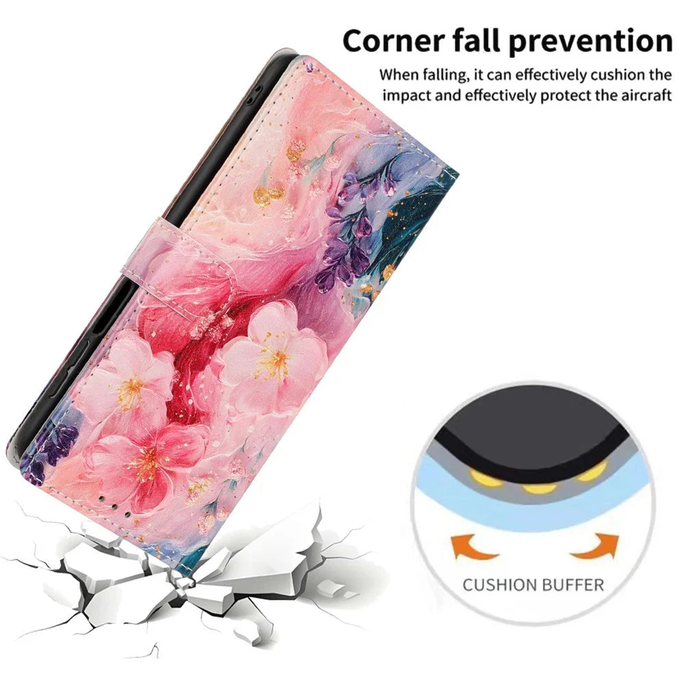 Wallet Case For Samsung Galaxy A08 5G / A08 4G / A07 5G / A07 4G Pattern Printing PU Leather Stand Flip Phone Cover with Wrist Strap - Oil Painting Flower - 4