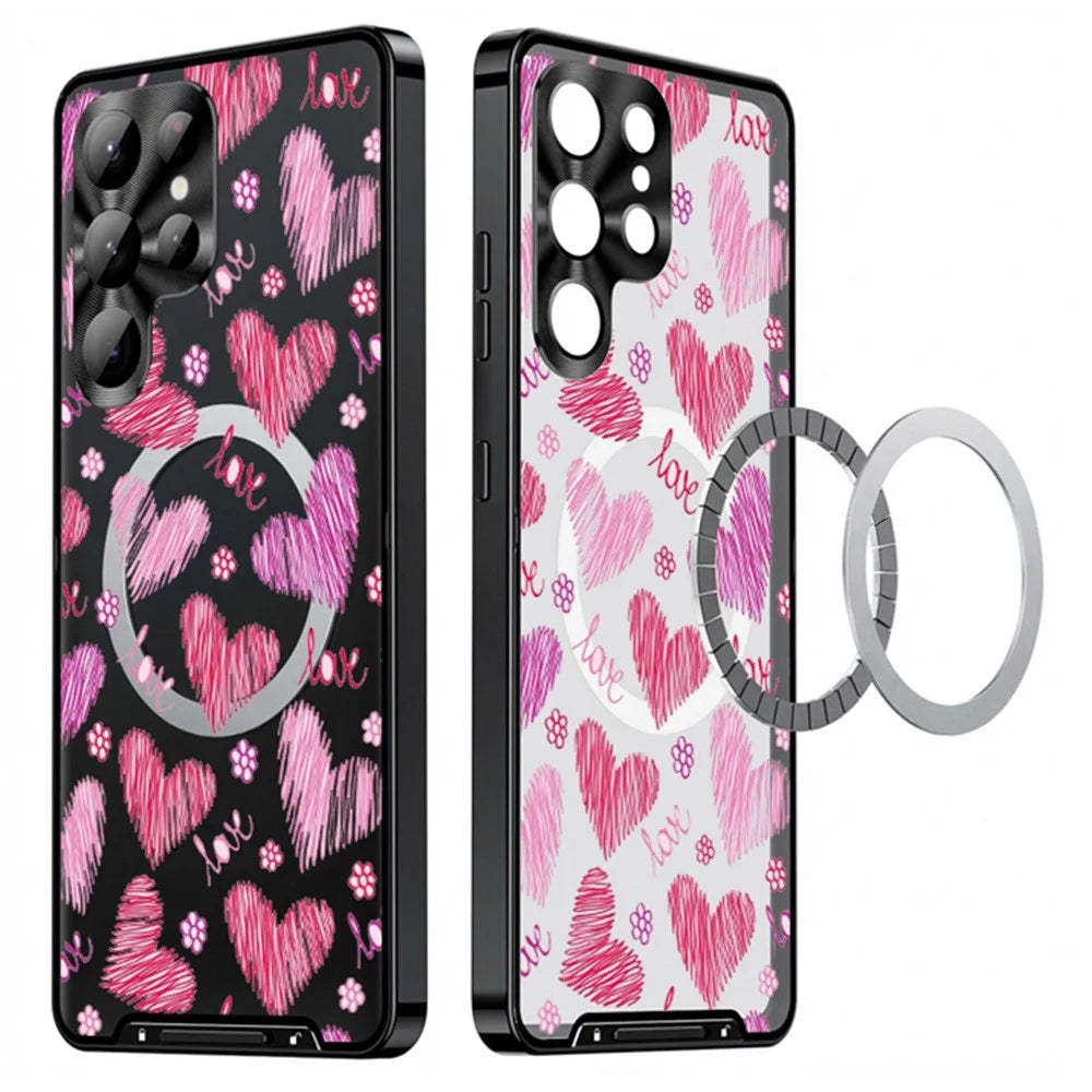 For Samsung Galaxy S26 Ultra Magnetic Case Heart Pattern PC + TPU Phone Cover with Lens Film - LK00228-01 - 1
