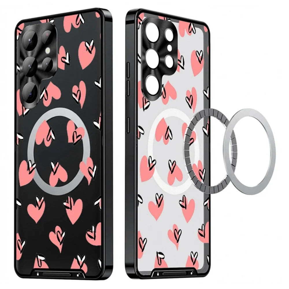 For Samsung Galaxy S23 Ultra Magnetic Case Heart Pattern PC + TPU Shockproof Phone Cover with Lens Film - LK00248-21 - 1
