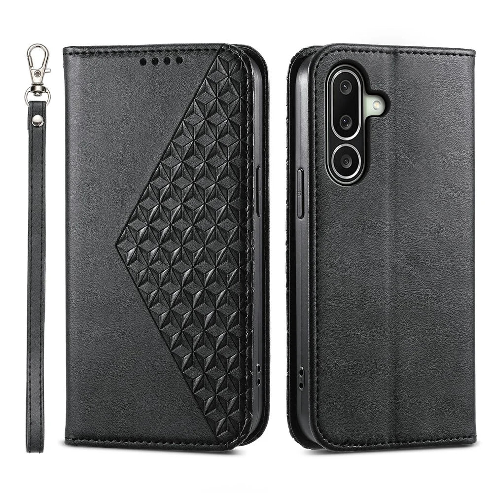 For Samsung Galaxy A27 5G Case Calf Texture PU Leather Wallet Phone Cover with Wrist Strap - Black - 1