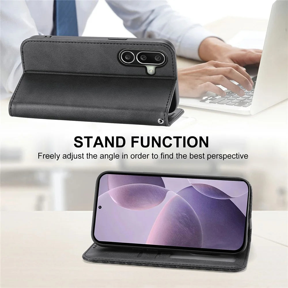 For Samsung Galaxy A27 5G Case Calf Texture PU Leather Wallet Phone Cover with Wrist Strap - Black - 3