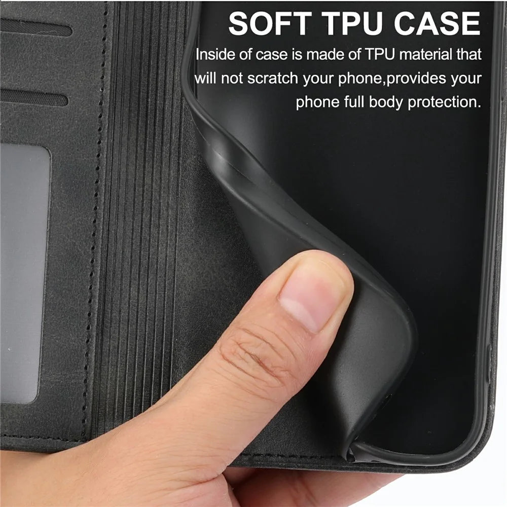 For Samsung Galaxy A27 5G Case Calf Texture PU Leather Wallet Phone Cover with Wrist Strap - Black - 6
