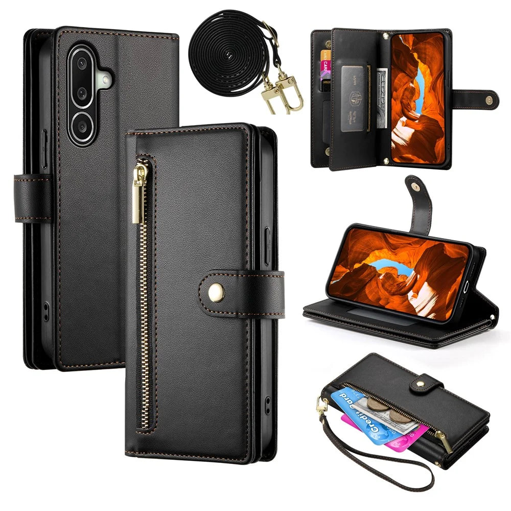 For Samsung Galaxy A27 5G Leather Case Zipper Pocket Wallet Phone Cover with Straps - Black - 1