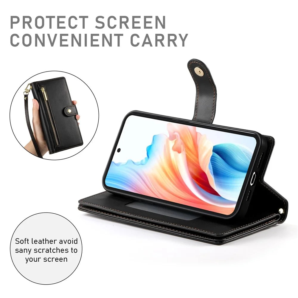 For Samsung Galaxy A27 5G Leather Case Zipper Pocket Wallet Phone Cover with Straps - Black - 4