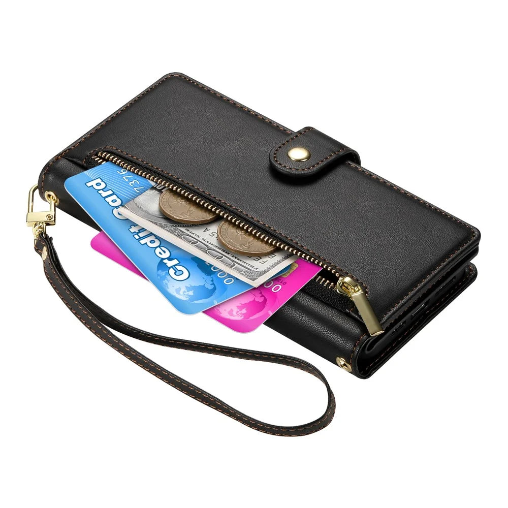 For Samsung Galaxy A27 5G Leather Case Zipper Pocket Wallet Phone Cover with Straps - Black - 6