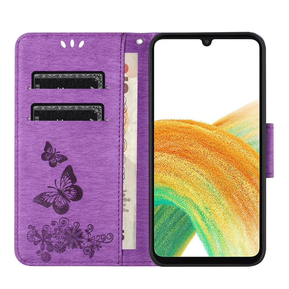 For Samsung Galaxy A37 5G Case Butterflies Flower Leather Wallet Flip Phone Cover - Purple - 2