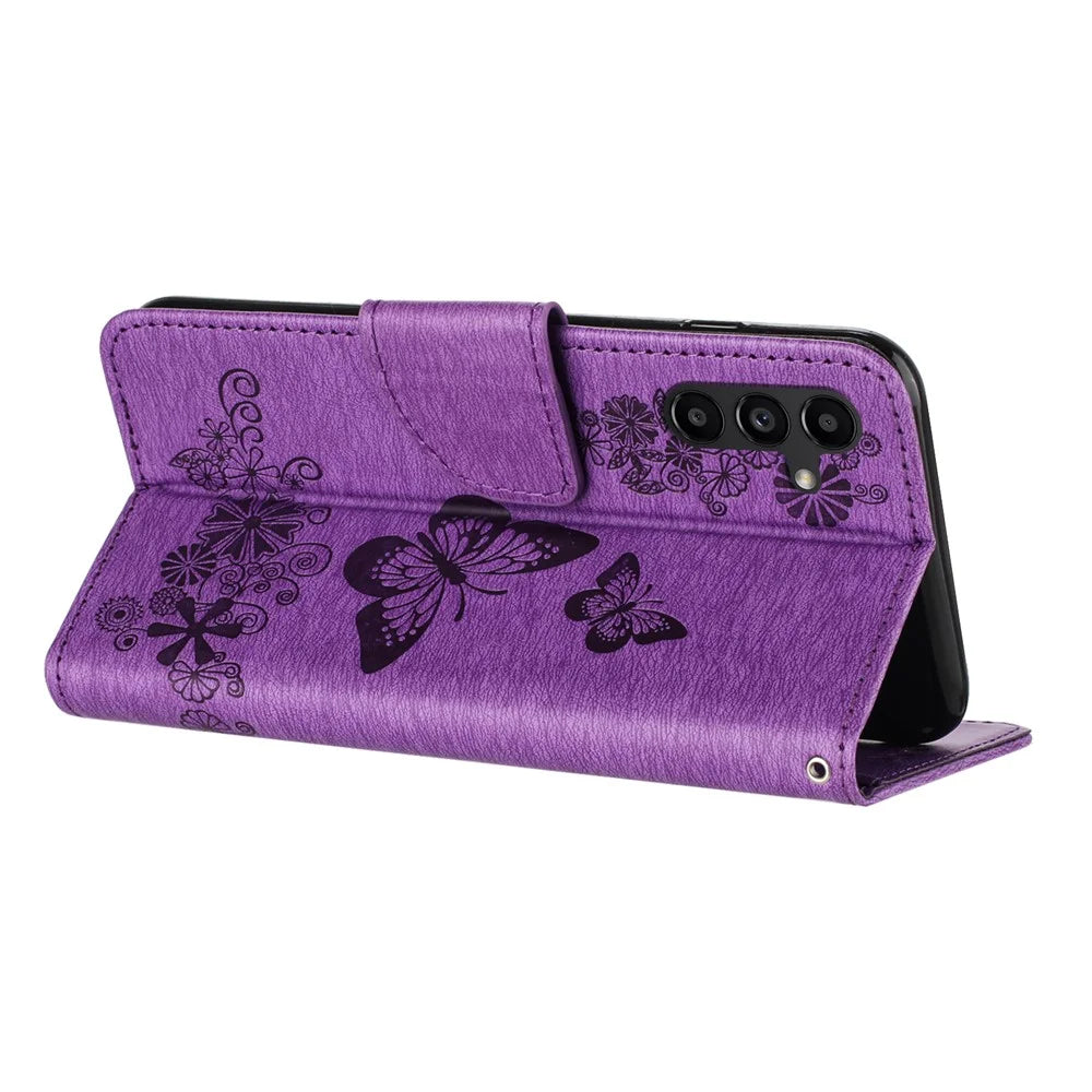 For Samsung Galaxy A37 5G Case Butterflies Flower Leather Wallet Flip Phone Cover - Purple - 3