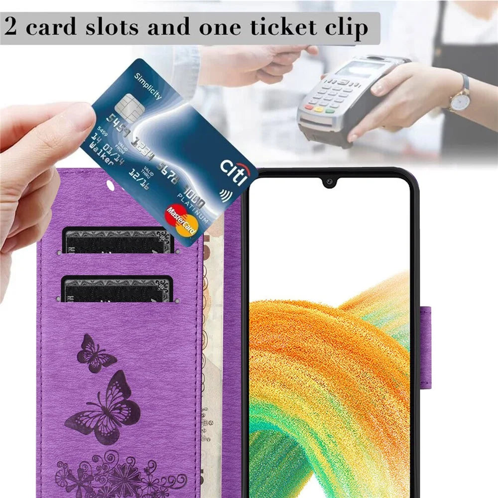 For Samsung Galaxy A37 5G Case Butterflies Flower Leather Wallet Flip Phone Cover - Purple - 5