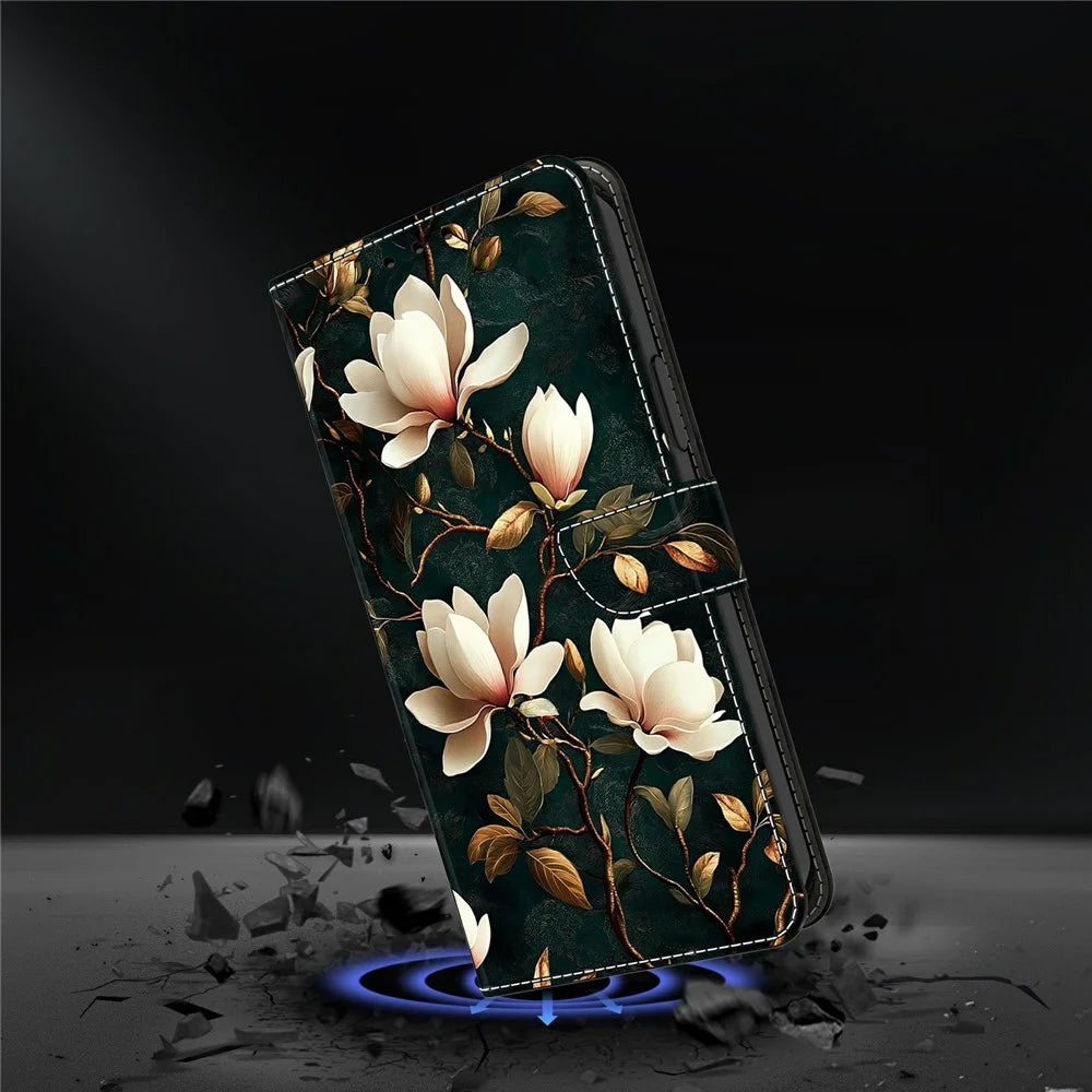 For iPhone 18 Pro Max / 17 Pro Max Wallet Stand Case Pattern Printing Leather Phone Cover - White Magnolia - 7