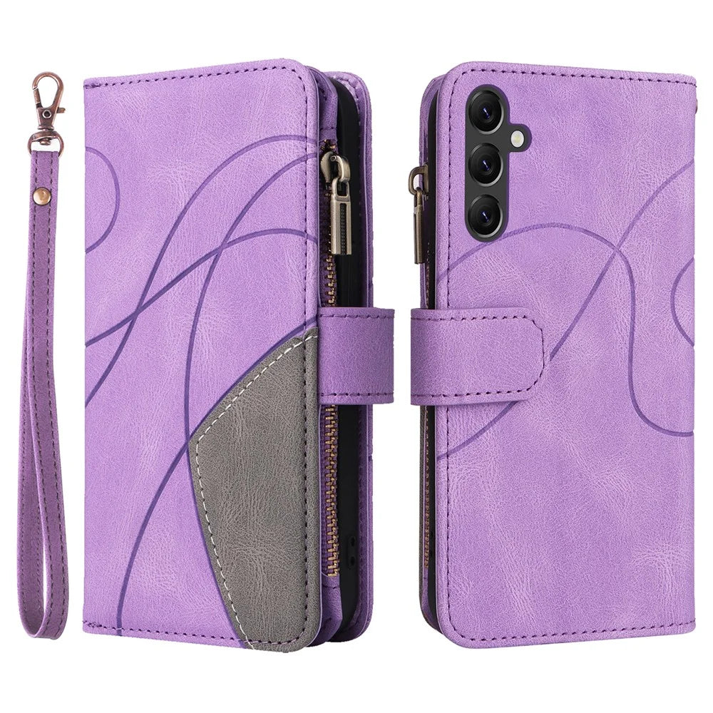 For Samsung Galaxy A14 5G / A14 4G Leather Case with Strap Zipper 9 Card Slot Phone Cover Stand - Light Purple - 1