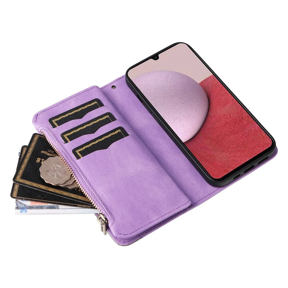 For Samsung Galaxy A14 5G / A14 4G Leather Case with Strap Zipper 9 Card Slot Phone Cover Stand - Light Purple - 6