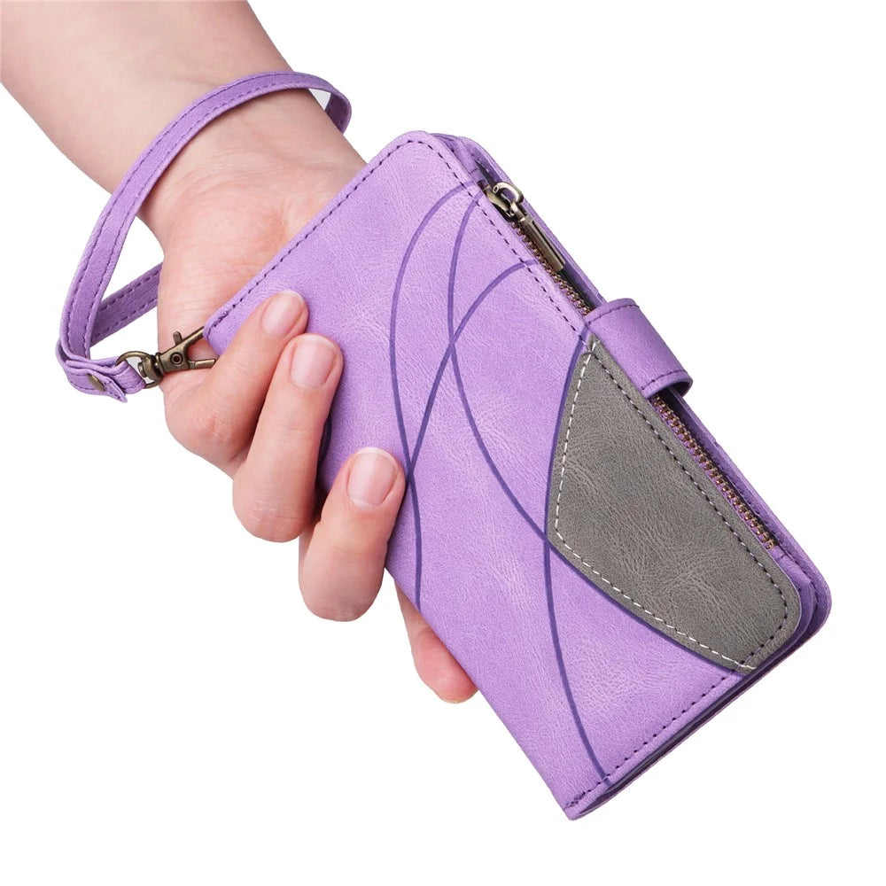 For Samsung Galaxy A14 5G / A14 4G Leather Case with Strap Zipper 9 Card Slot Phone Cover Stand - Light Purple - 7
