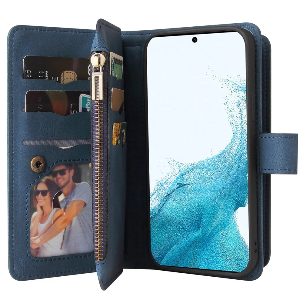 For Samsung Galaxy S23 Zipper Wallet Case with 15 Card Slots and Strap Leather Phone Cover - Blue - 7